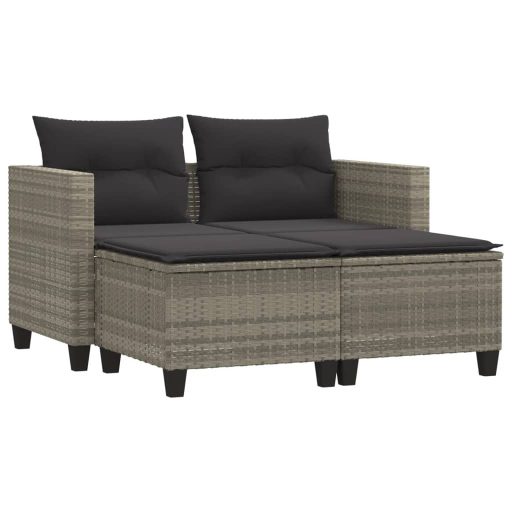 2 személyes világosszürke polyrattan kerti kanapé zsámolyokkal