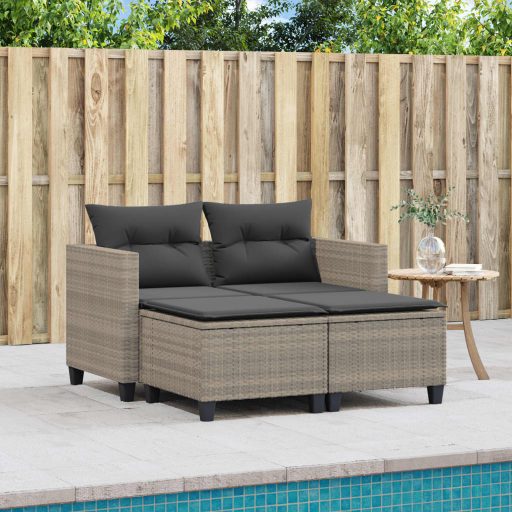 2 személyes világosszürke polyrattan kerti kanapé zsámolyokkal