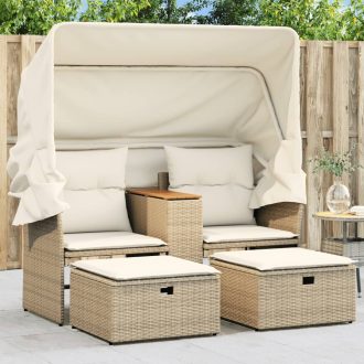   2 személyes bézs polyrattan kerti kanapé baldachinnal/székkel