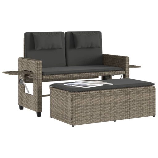 Szürke polyrattan dönthető kerti pad párnával