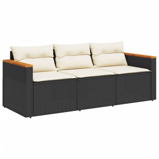 Fekete 3 személyes polyrattan kerti kanapé párnákkal