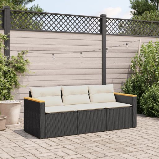 Fekete 3 személyes polyrattan kerti kanapé párnákkal