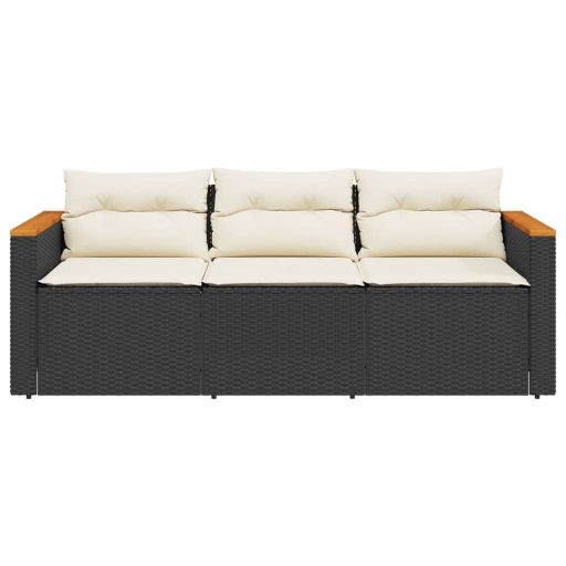 Fekete 3 személyes polyrattan kerti kanapé párnákkal