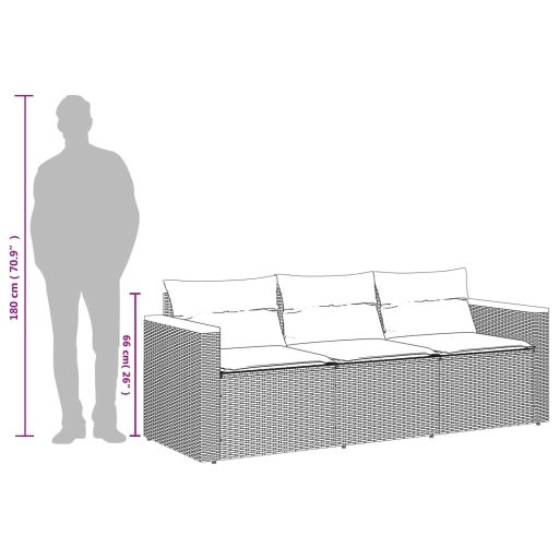 Fekete 3 személyes polyrattan kerti kanapé párnákkal