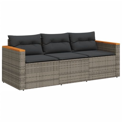 3 személyes szürke polyrattan kerti kanapé párnával