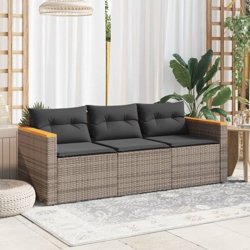 3 személyes szürke polyrattan kerti kanapé párnával
