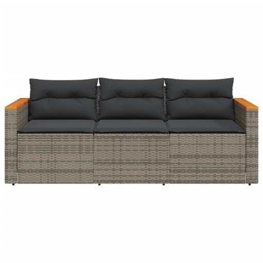 3 személyes szürke polyrattan kerti kanapé párnával