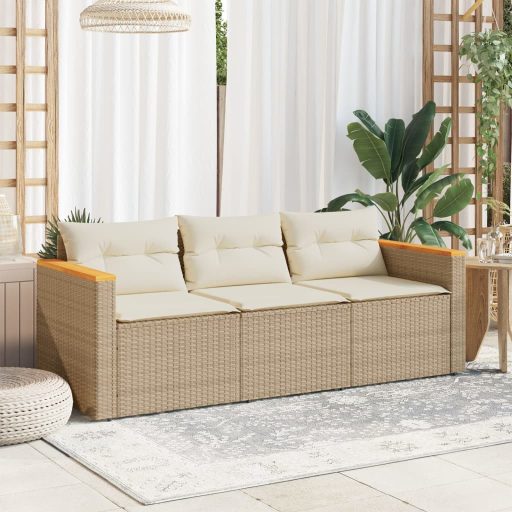 3 személyes bézs polyrattan kerti kanapé párnával