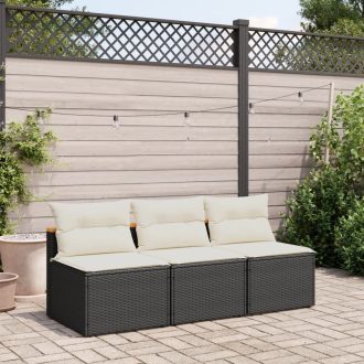   2 db fekete polyrattan karfa nélküli kerti kanapé párnákkal