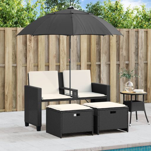 2 személyes fekete polyrattan kerti kanapé napernyővel/székkel