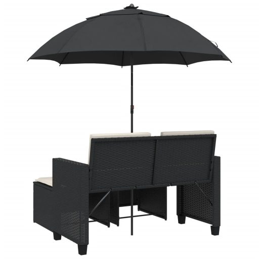 2 személyes fekete polyrattan kerti kanapé napernyővel/székkel