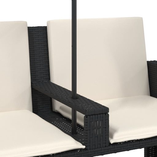 2 személyes fekete polyrattan kerti kanapé napernyővel/székkel