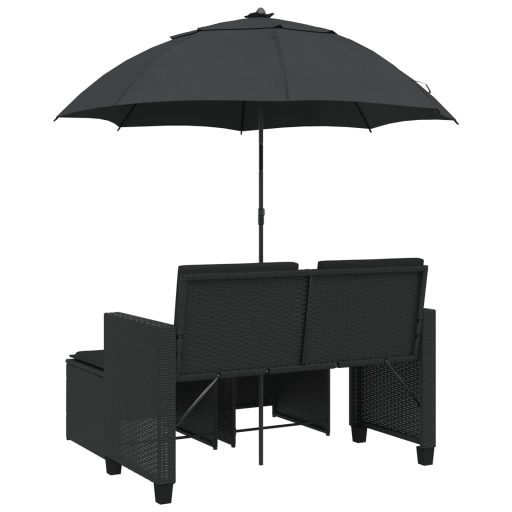 2 személyes fekete polyrattan kerti kanapé napernyővel/székkel