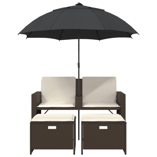 2 személyes barna polyrattan kerti kanapé napernyővel/székkel