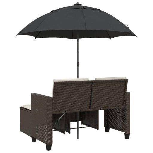 2 személyes barna polyrattan kerti kanapé napernyővel/székkel