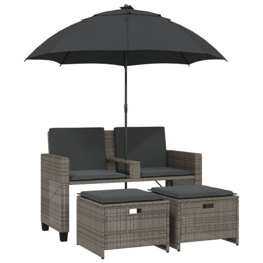 2 személyes szürke polyrattan kerti kanapé napernyővel/székkel