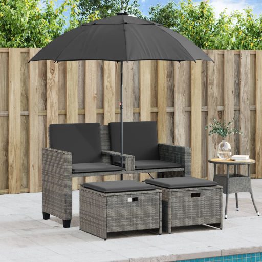 2 személyes szürke polyrattan kerti kanapé napernyővel/székkel