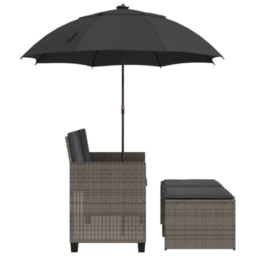 2 személyes szürke polyrattan kerti kanapé napernyővel/székkel