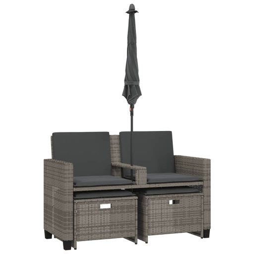 2 személyes szürke polyrattan kerti kanapé napernyővel/székkel