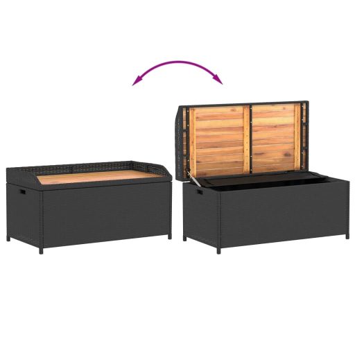 Fekete polyrattan és akácfa tárolópad 100 x 50 x 52 cm