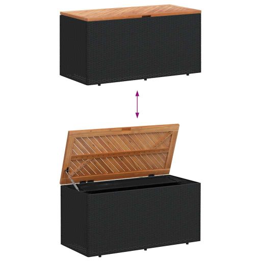 Fekete polyrattan és akácfa kerti tárolóláda 110 x 50 x 54 cm