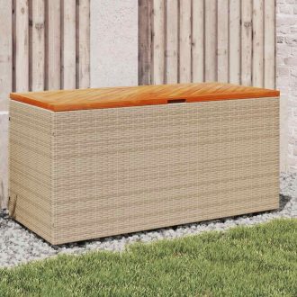   Bézs polyrattan és akácfa kerti tárolóláda 110 x 50 x 54 cm