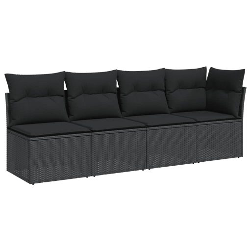 4 személyes fekete polyrattan kerti kanapé párnával