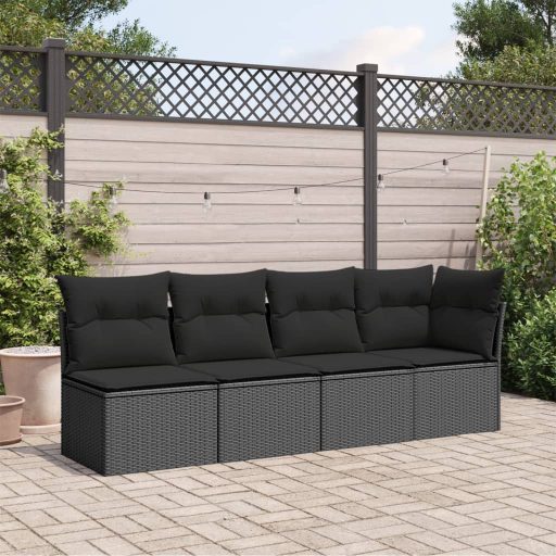 4 személyes fekete polyrattan kerti kanapé párnával