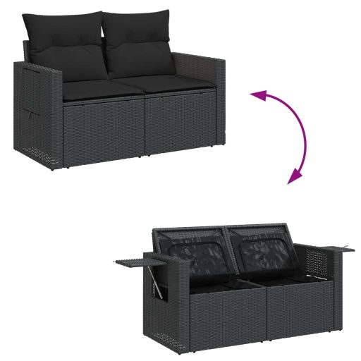 2 személyes fekete polyrattan kerti kanapé párnával