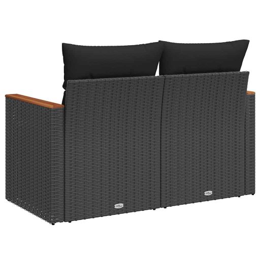 2 személyes fekete polyrattan kerti kanapé párnával