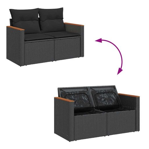 2 személyes fekete polyrattan kerti kanapé párnával