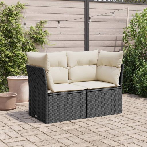 2 személyes fekete polyrattan kerti kanapé párnával