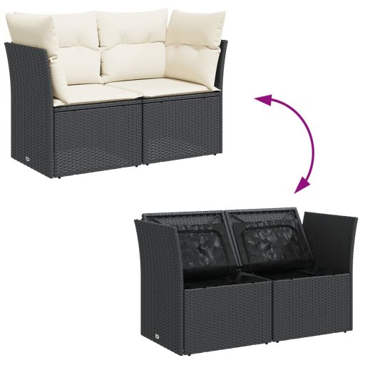 2 személyes fekete polyrattan kerti kanapé párnával