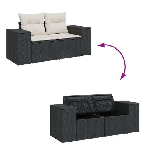 2 személyes fekete polyrattan kerti kanapé párnával