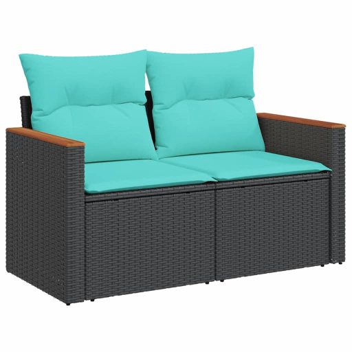 Kétszemélyes fekete polyrattan kerti kanapé párnákkal