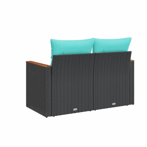Kétszemélyes fekete polyrattan kerti kanapé párnákkal
