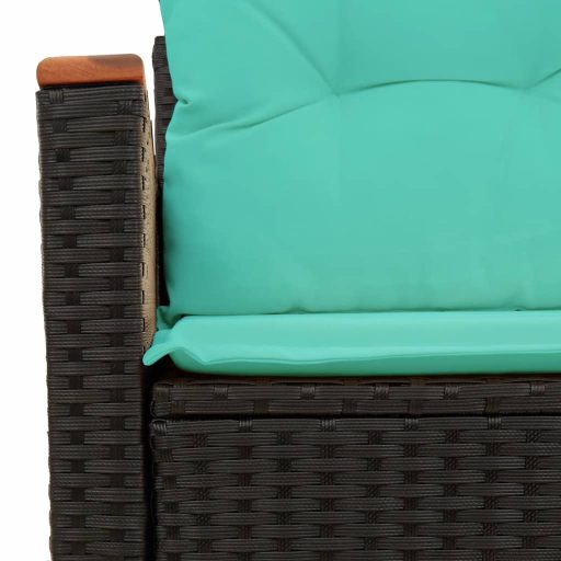 Kétszemélyes fekete polyrattan kerti kanapé párnákkal