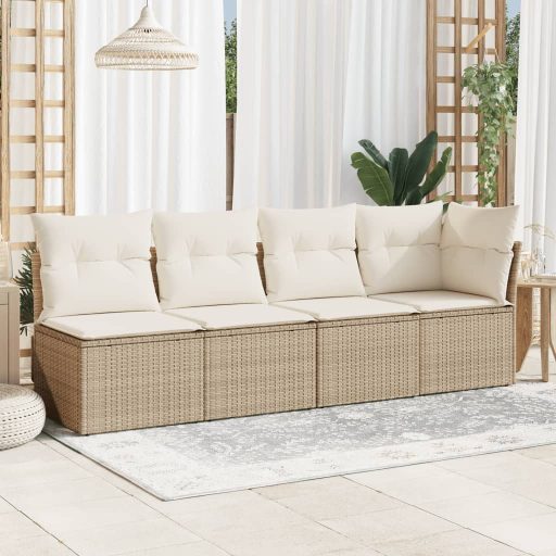 4 személyes bézs polyrattan kerti kanapé párnával