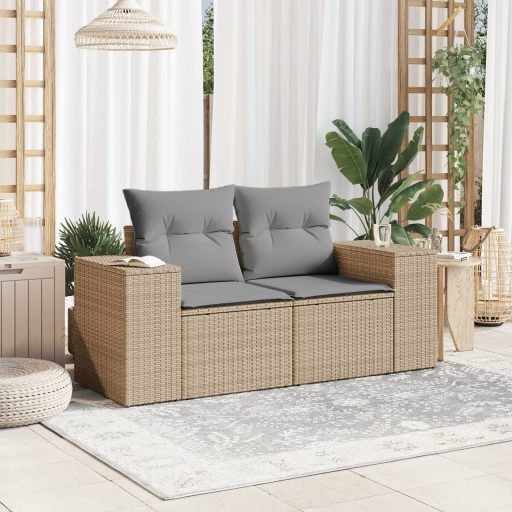 2 személyes bézs polyrattan kerti kanapé párnával
