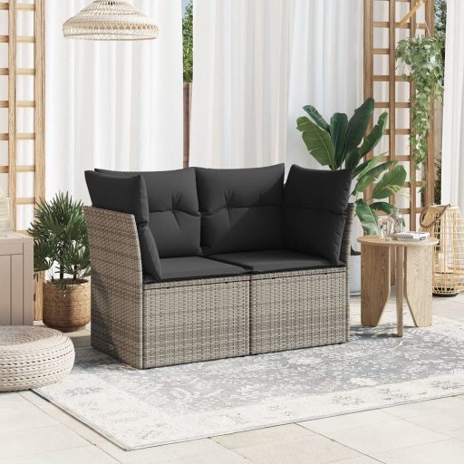 2 személyes szürke polyrattan kerti kanapé párnával