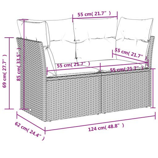2 személyes szürke polyrattan kerti kanapé párnával