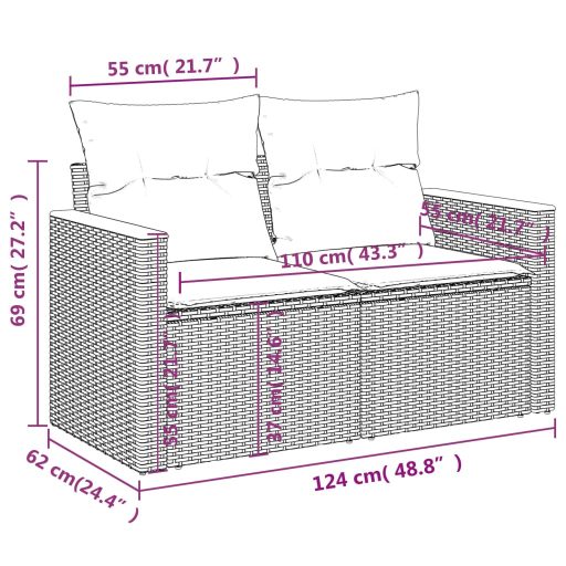 2 személyes szürke polyrattan kerti kanapé párnával