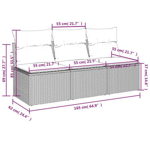 3 személyes szürke polyrattan kerti kanapé párnával