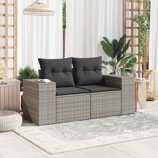 2 személyes szürke polyrattan kerti kanapé párnával