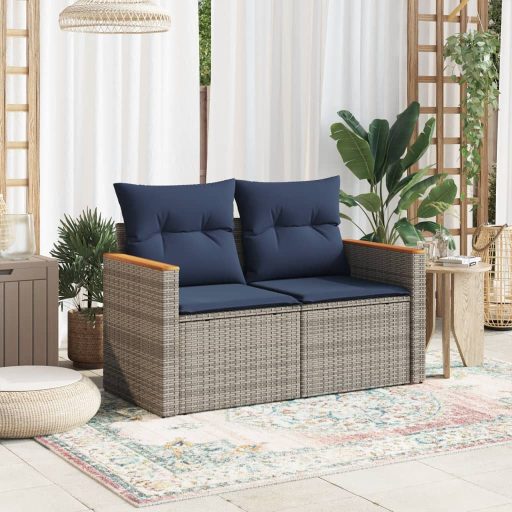 Kétszemélyes szürke polyrattan kerti kanapé párnákkal