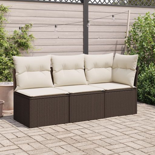3 személyes barna polyrattan kerti kanapé párnával