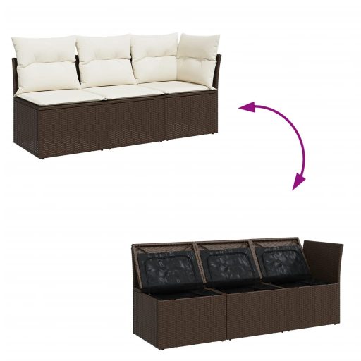 3 személyes barna polyrattan kerti kanapé párnával