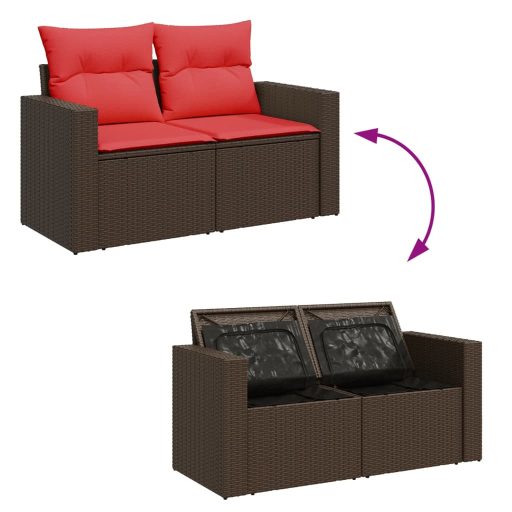 Kétszemélyes barna polyrattan kerti kanapé párnákkal