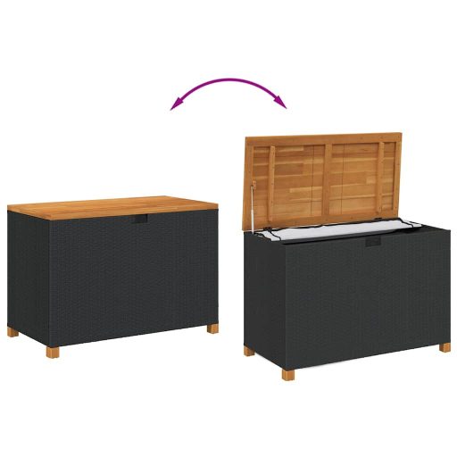 Fekete polyrattan és akácfa kerti tárolóláda 110 x 55 x 63 cm