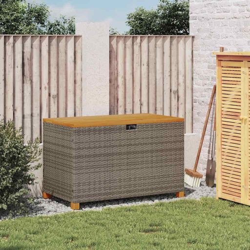 Szürke polyrattan és akácfa kerti tárolóláda 110 x 55 x 63 cm